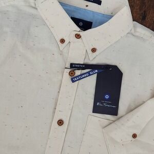 NWT Ben Sherman SS Button Down Shirt Textured Slub Stretch Ivory Men's Small